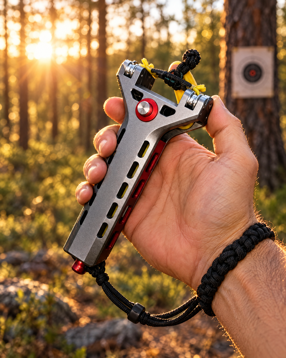 Slingshot held outdoors at golden hour
