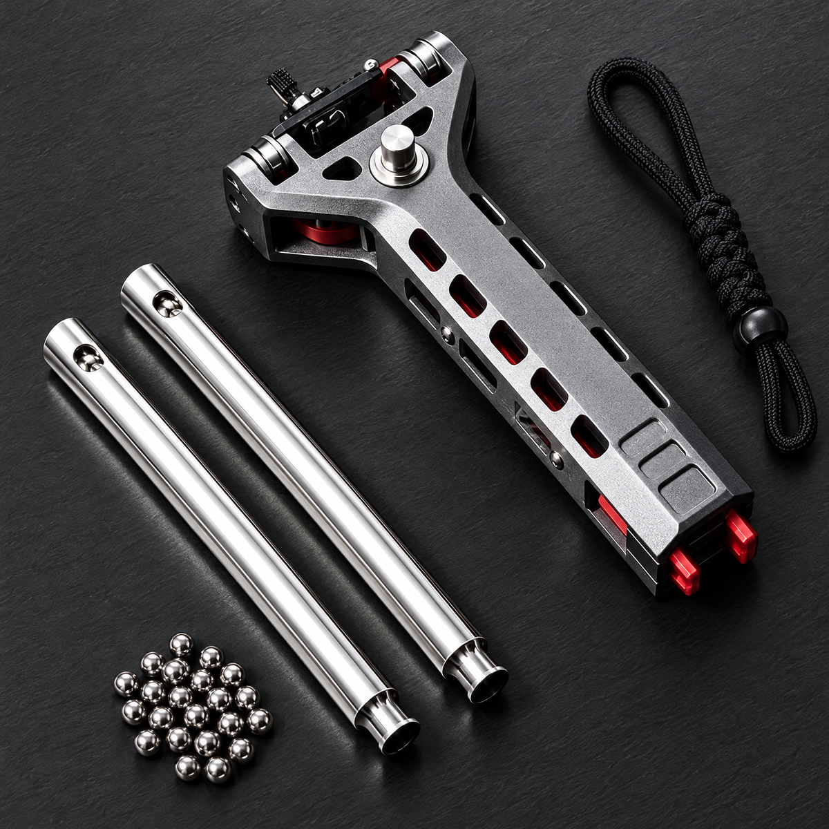Slingshot with two metal magazines, steel balls and lanyard