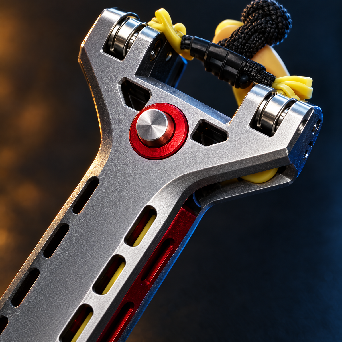 Close-up of machined aluminum fork and red accents