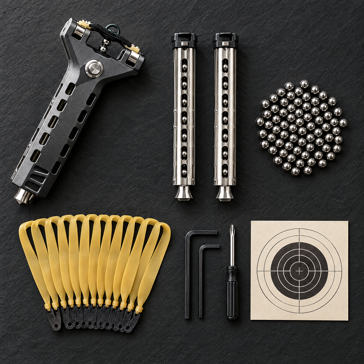 What's in the box (Gray Model): slingshot, 2 magazines, 50 steel balls, 10 rubber bands, tool set, target
